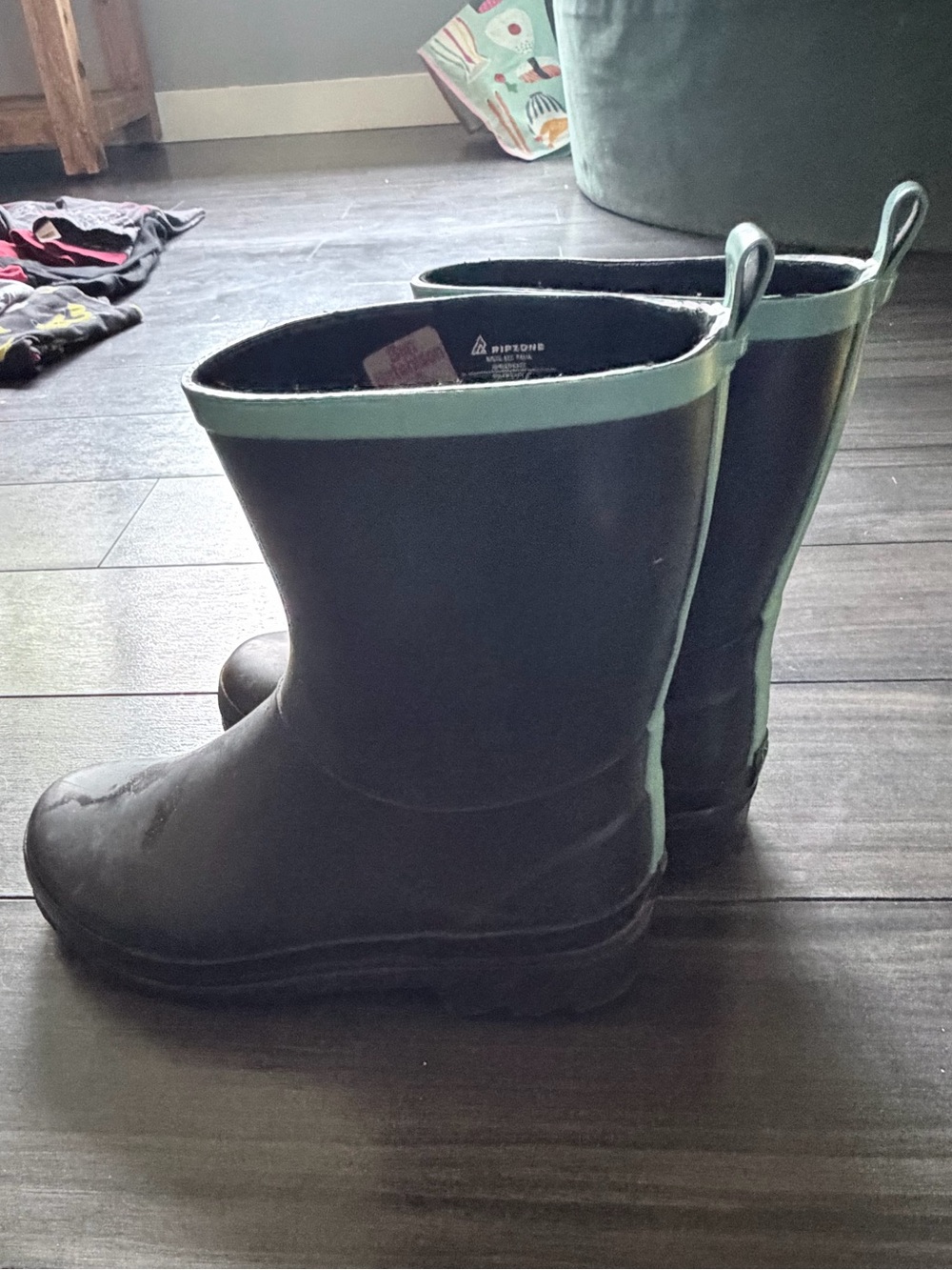 Kids Waterproof Black Rain Boots with Mint Trim